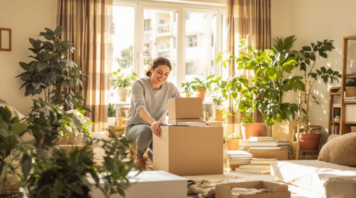 Woman packing boxes in a plant-filled room.